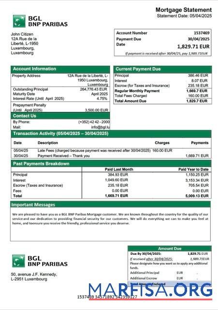 Printable Luxembourg BGL BNP Paribas mortgage statement Word and PDF template